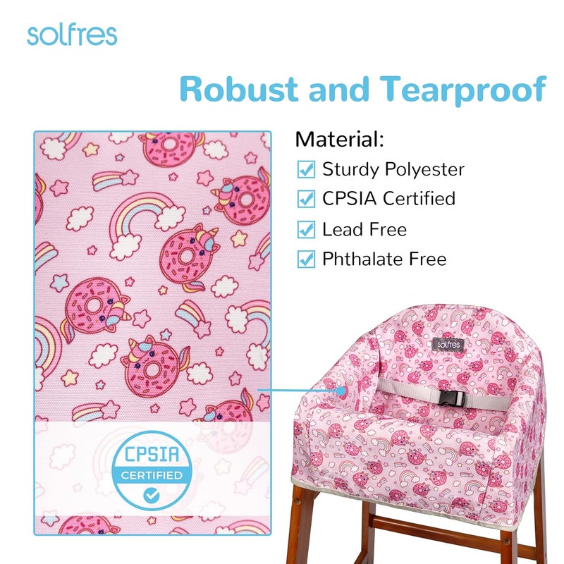 Solfres Dual-Belt High Chair Cover, Baby High Chair Cover, Upgrade Version, for Wooden or Restaurant High Chair, Sturdy and Robust Material, Rainbow Unicorn Donut - Image 4